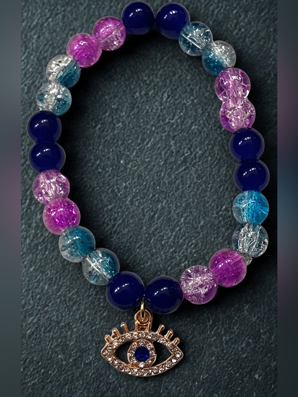 Gold All Seeing Eye Charm blue and purple glass beaded bracelet handmade
